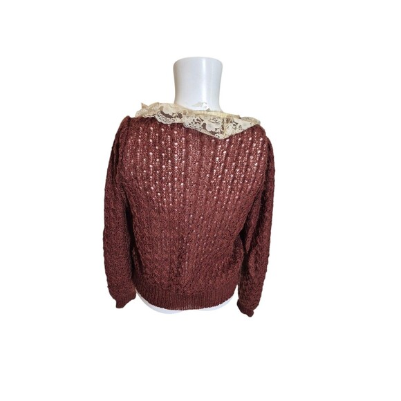 Vintage Boho 70s Sweater Open Knit Lace Collared Sweater Brown Sz XS - Picture 3 of 4